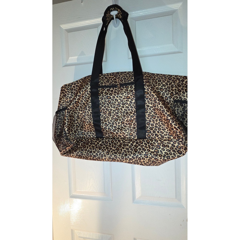 Leopard Print Duffel Bag Travel Gym Tote with Side Mesh Pockets Tan Black